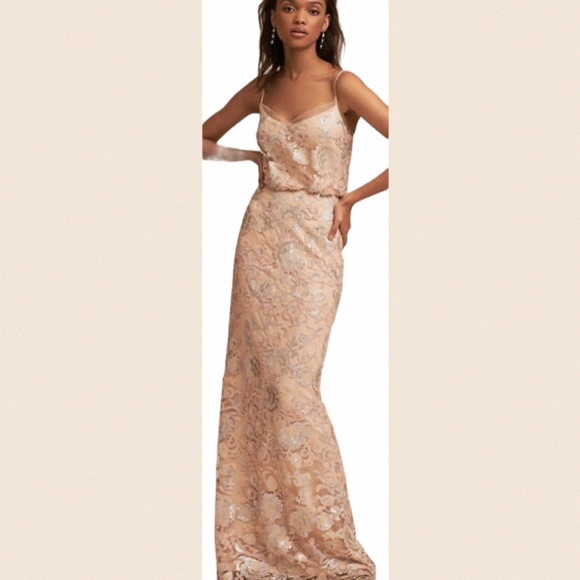 🎉HP Adrianna Papell x BHLDN Kylie 4 / S & 12 / Lg Lace Embellished Pink Gown - Picture 4 of 9